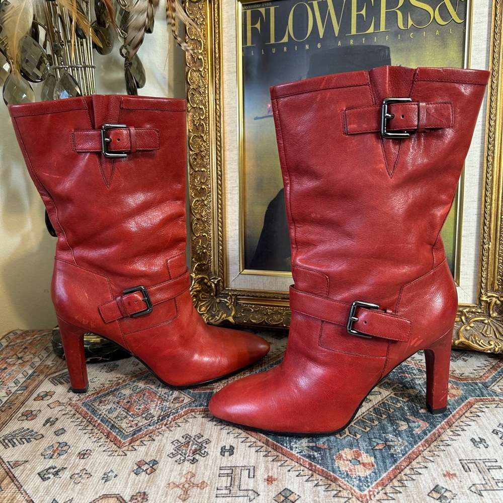 Via Spiga Red Leather Side Buckle Heeled Boots
